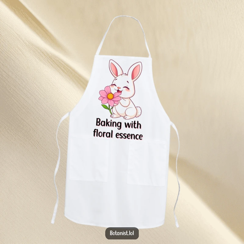 Funny apron with a bunny in stitches of laughter while smelling an oversized, colorful flower, perfect for cooking.