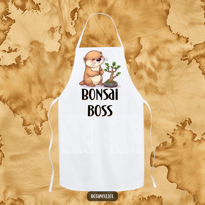 Funny otter bonsai apron, featuring a diligent otter carefully pruning a bonsai tree, perfect for kitchen precision.