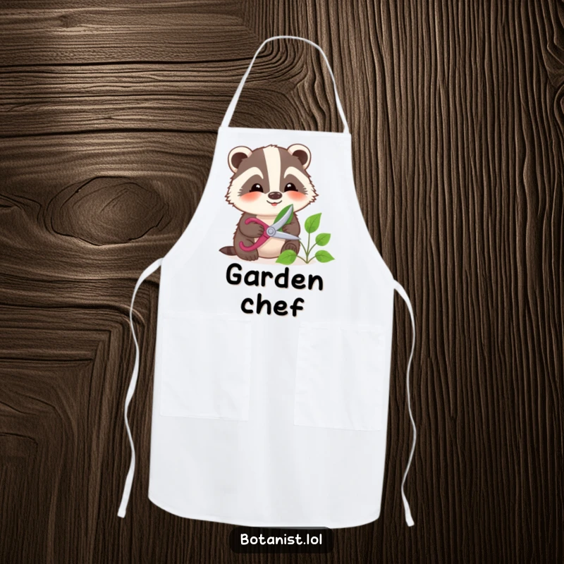Funny badger with small shears pruning a leaf, a cute and practical apron for kitchen gardening.