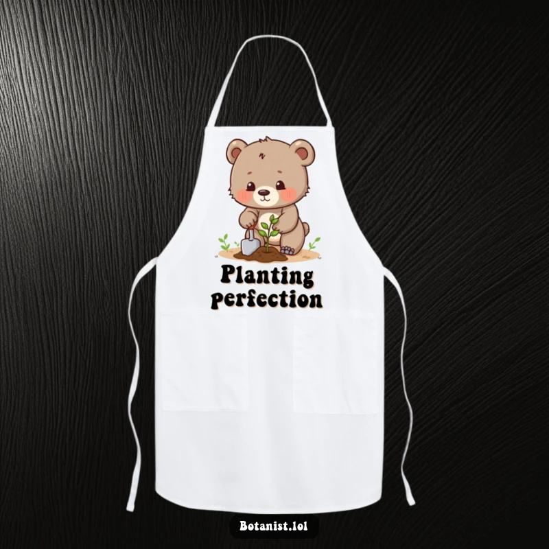 Funny determined bear cub planting a seed with a trowel, a humorous apron for gardeners. Great gift.
