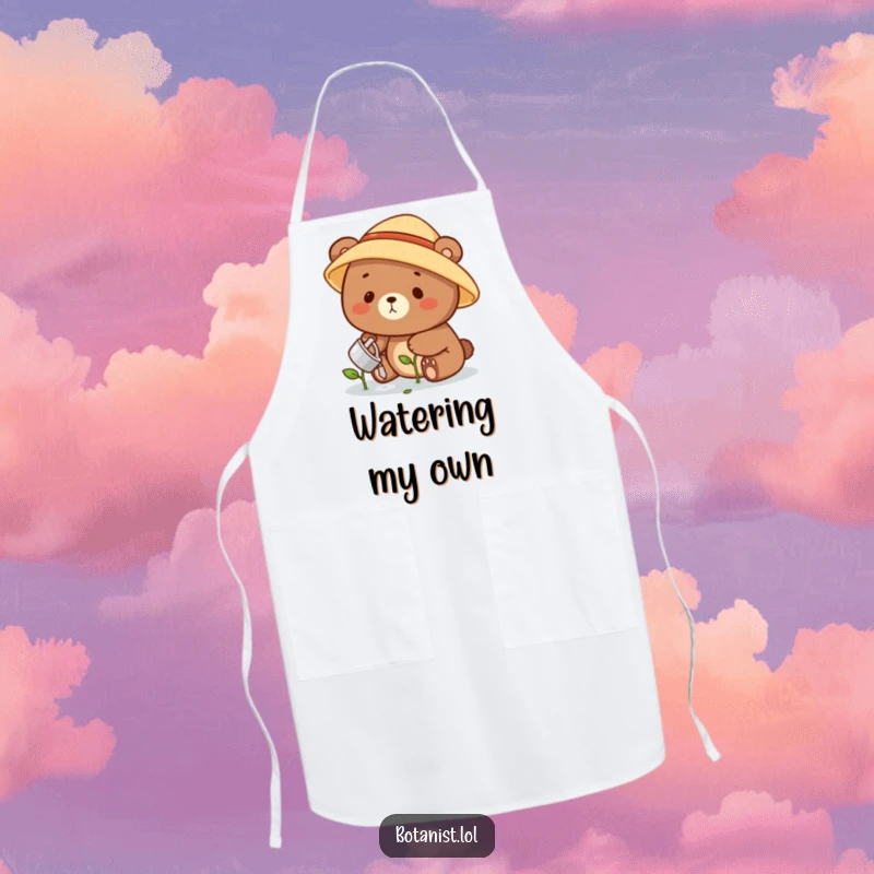 Funny bear gardener apron depicting a joyful bear in a straw hat watering a small, delicate sprout, perfect for kitchen or garden.