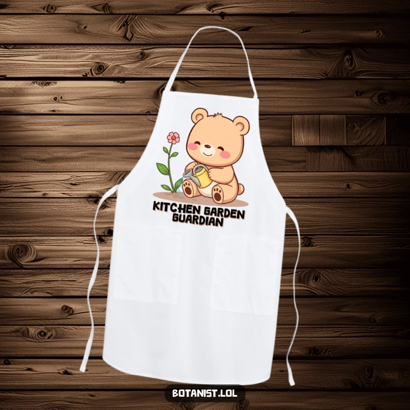 Funny apron with a happy bear watering a wilting plant with a tiny can, perfect for gardeners who love humor, a funny kitchen gift.