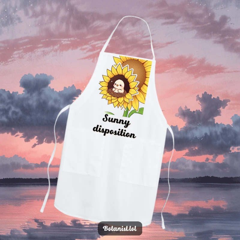 Funny apron showcasing a small bird looking pleased and cozy, nesting in a giant sunflower, adding serene humor to kitchen tasks.