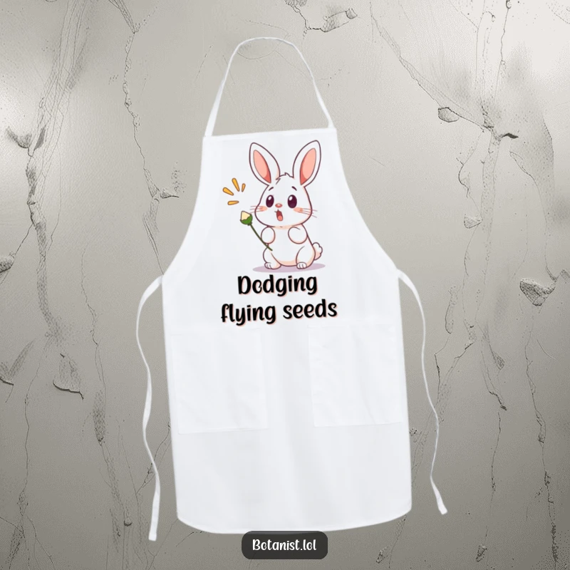 Funny apron showing a surprised bunny with wide eyes, startled by a popping seed pod, ideal for keeping messes at bay with a smile.