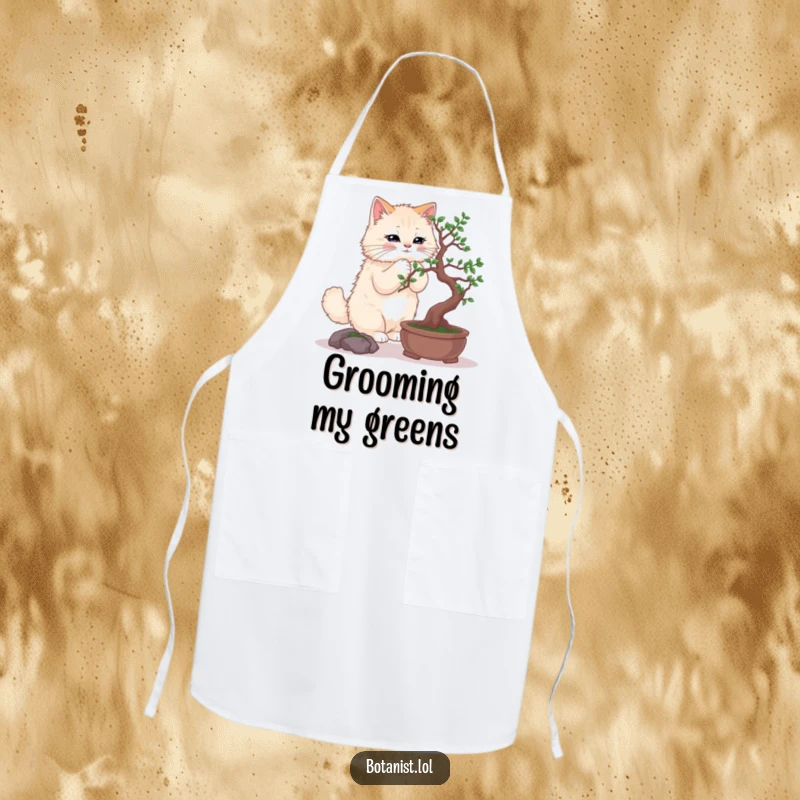Funny apron with a fluffy cat delicately pruning a bonsai tree, perfect for crafting or cooking.