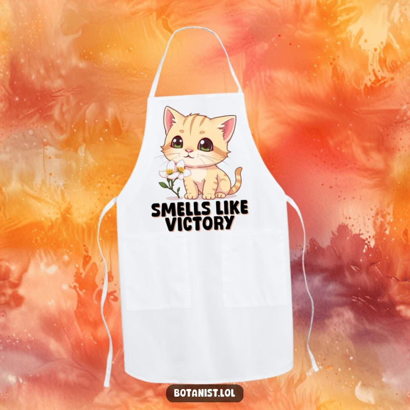 Funny apron showing a curious cat sniffing a dewy blossom, eyes wide with delightful surprise and joy.