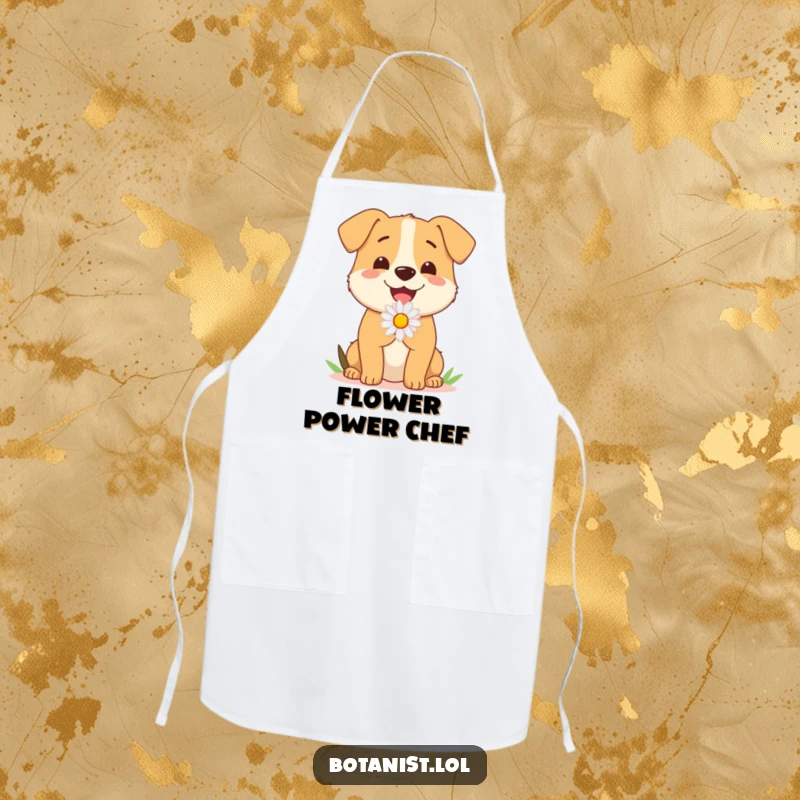 Funny Dog Apron: A happy dog proudly presents a single daisy, ready to help in the kitchen with a wag and a smile.