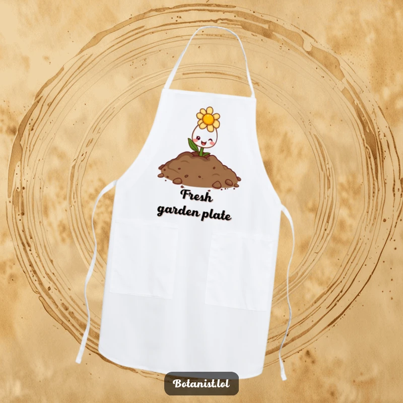 Funny apron graphic of a delighted flower bud peeking from soil with a sunny expression, ready for kitchen tasks.