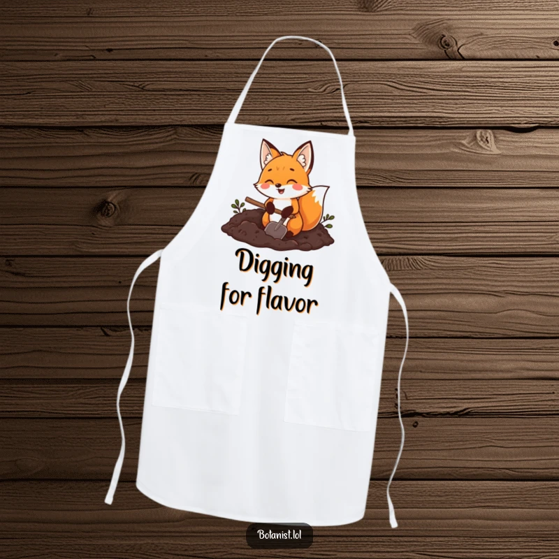 Funny fox gardener apron, a joyful fox holding a trowel and digging in rich dark soil, practical and fun.