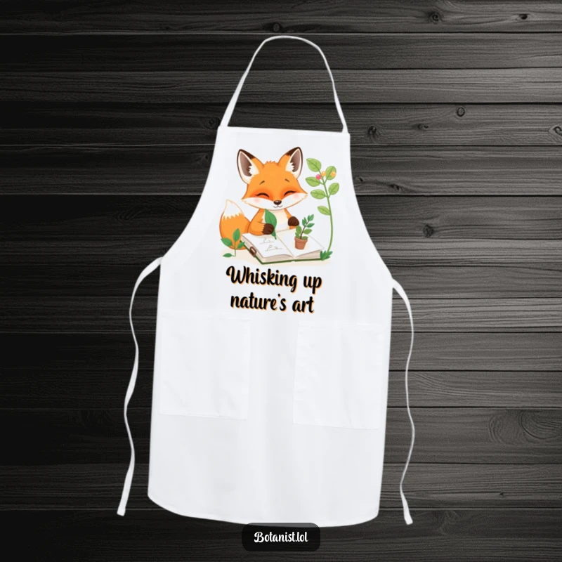 Funny apron with a happy fox sketching plants using a leaf, perfect for artists who love humor, a funny creative gift.