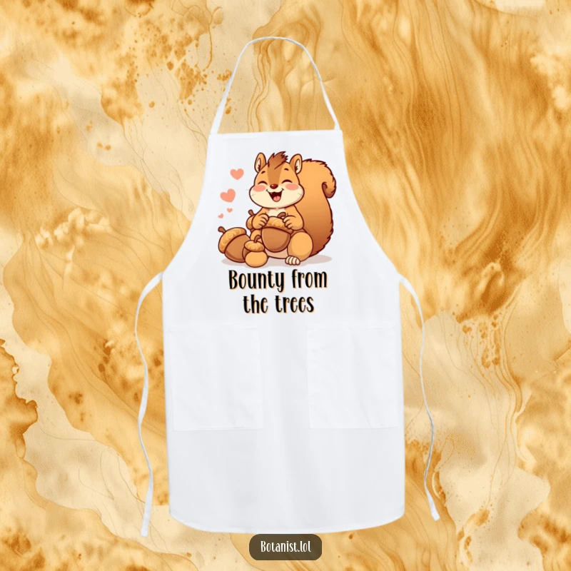 Funny giggling squirrel apron, joyfully collecting oversized acorns while cooking, a humorous kitchen accessory.