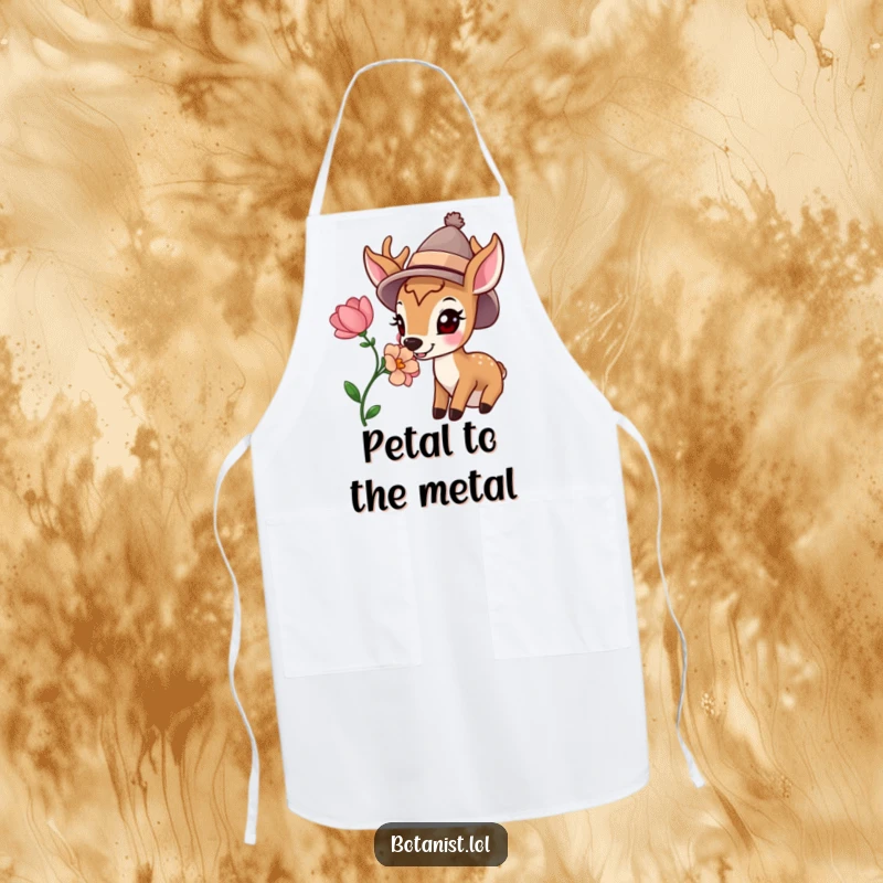 Funny apron featuring a happy deer wearing a hat, sniffing a beautiful fresh bloom, perfect for delightful and humorous cooking sessions.