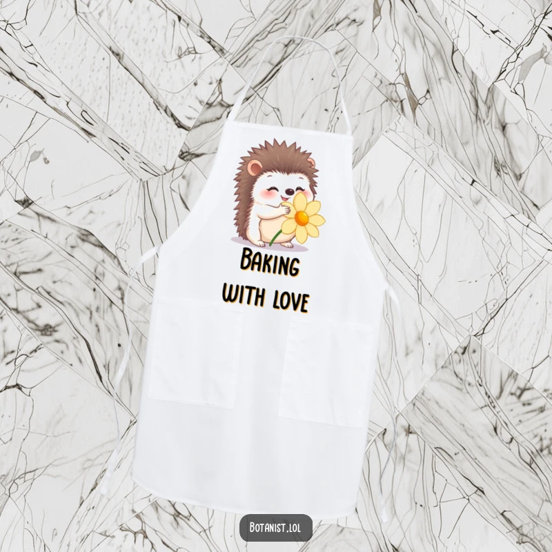 Funny apron showing a happy hedgehog gently hugging a flower, for kitchen use.