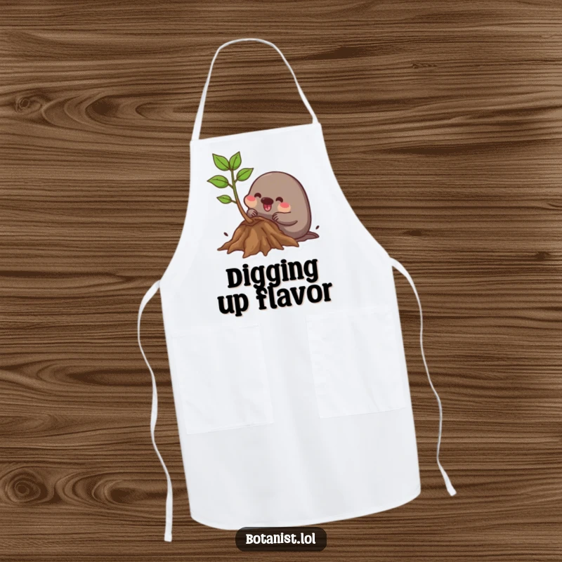 Funny Apron: A determined mole happily digs around plant roots, ideal for a humorous and practical kitchen accessory.