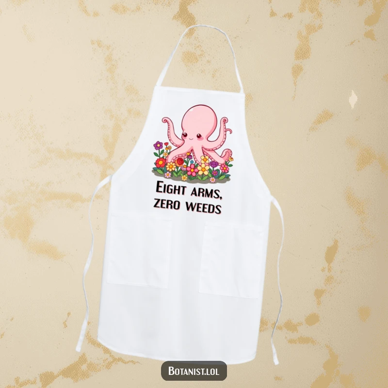 Funny Octopus Apron illustrating a helpful octopus using its many arms to tend a beautiful, colorful garden of blooming flowers.