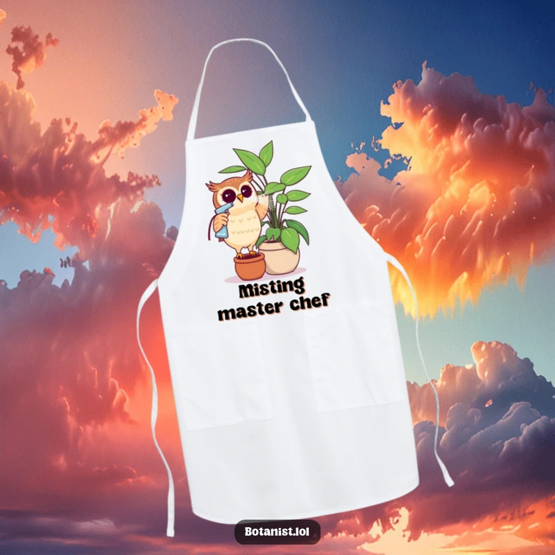 Funny owl tending a giant plant with a spray bottle, a humorous apron for cooking or gardening. Great gift.
