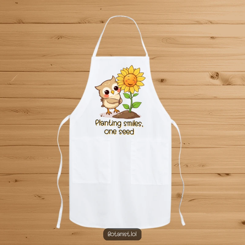 Funny Owl plants a seed that instantly sprouts a laughing sunflower, making this apron a comical kitchen essential.