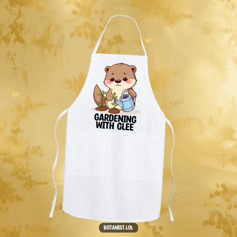Funny apron featuring a playful otter using a tiny watering can to water a smiling seedling, perfect for humorous gardening activities.