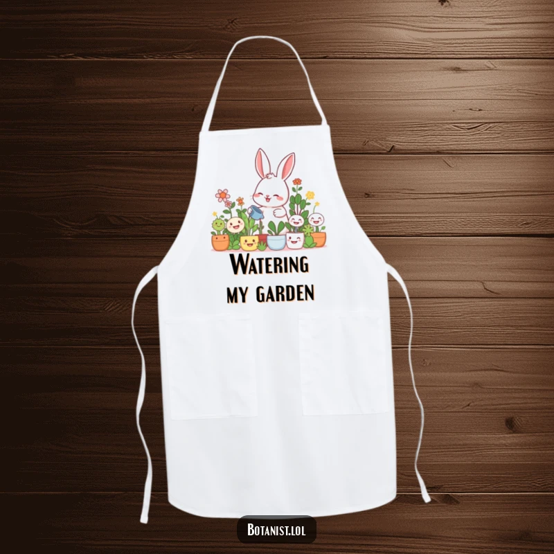 Funny rabbit gardener apron, a giggling rabbit watering large smiling plants, practical and cheerfully humorous.