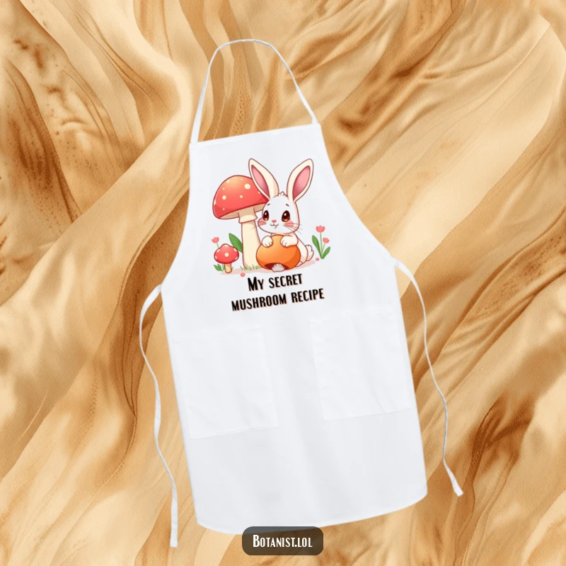 Funny apron with a rabbit admiring a large mushroom, perfect for fantasy lovers who enjoy humor, a funny kitchen gift.