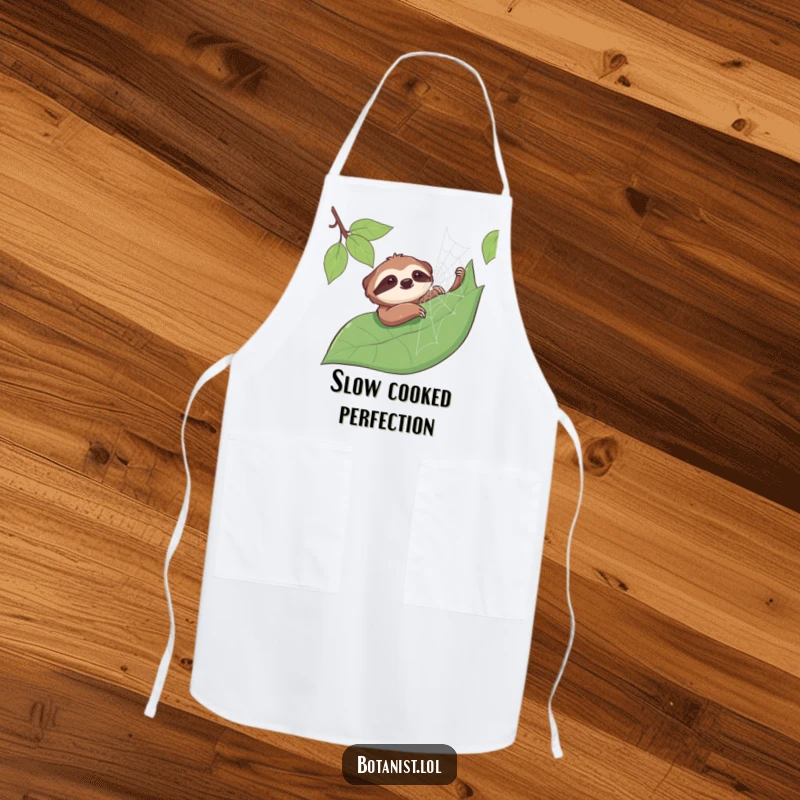 Funny sloth apron depicting a smiling sloth gently stroking a dewy spiderweb on a leaf, perfect for slow cooking and kitchen humor.