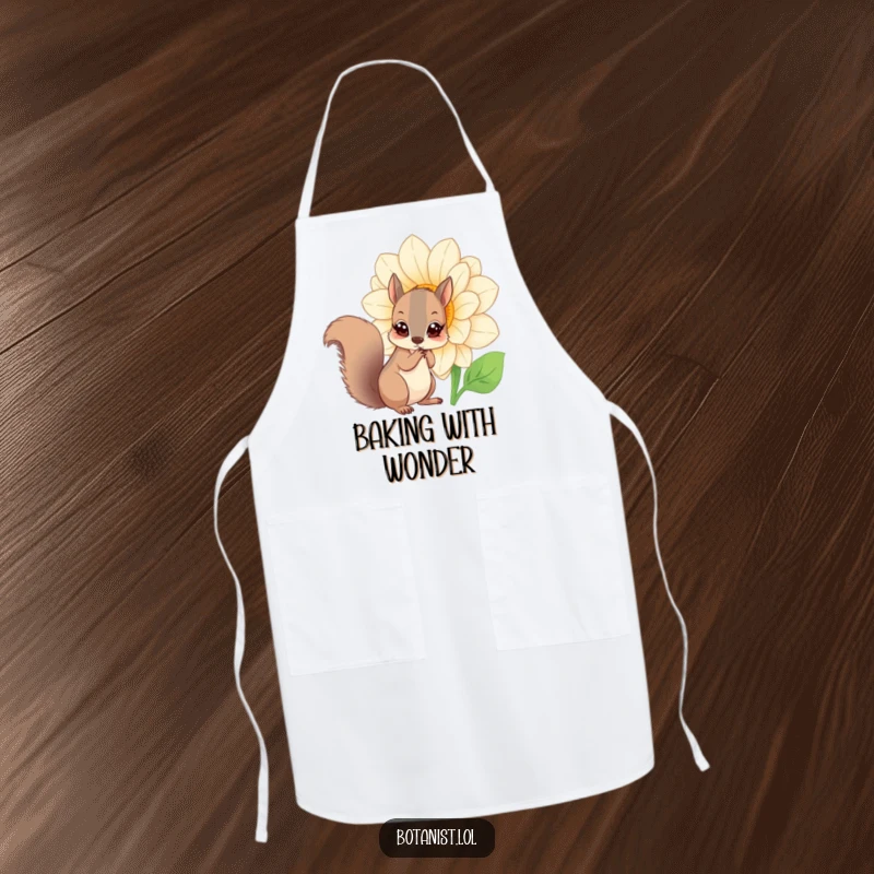 Funny squirrel flower apron, a curious squirrel with wide eyes observing a giant blooming flower, practical and amusing.