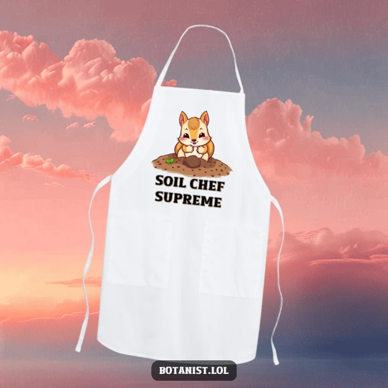 Funny squirrel gardener apron showing a curious squirrel with gloves digging enthusiastically in soil, perfect for messy tasks.