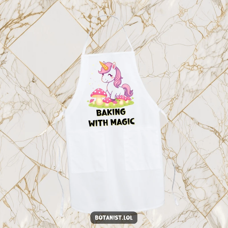 Funny Unicorn Apron showing a unicorn showering pixie dust over a patch of glowing, mystical mushrooms, ideal for bakers.