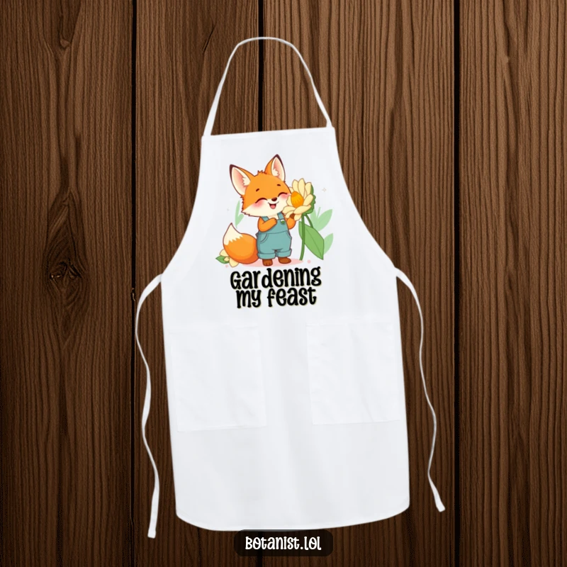 Funny fox gardener apron showing a cute fox in overalls examining a giant, vibrant flower, ideal for chefs and gardeners.