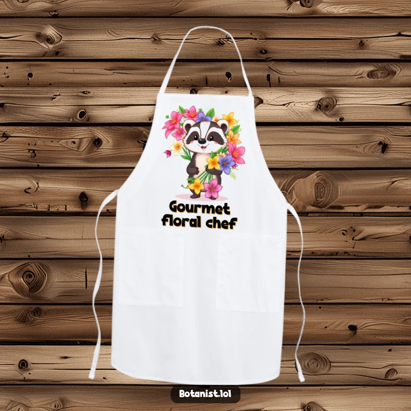 Funny happy badger apron carrying a huge flower bouquet, a humorous and practical kitchen accessory.