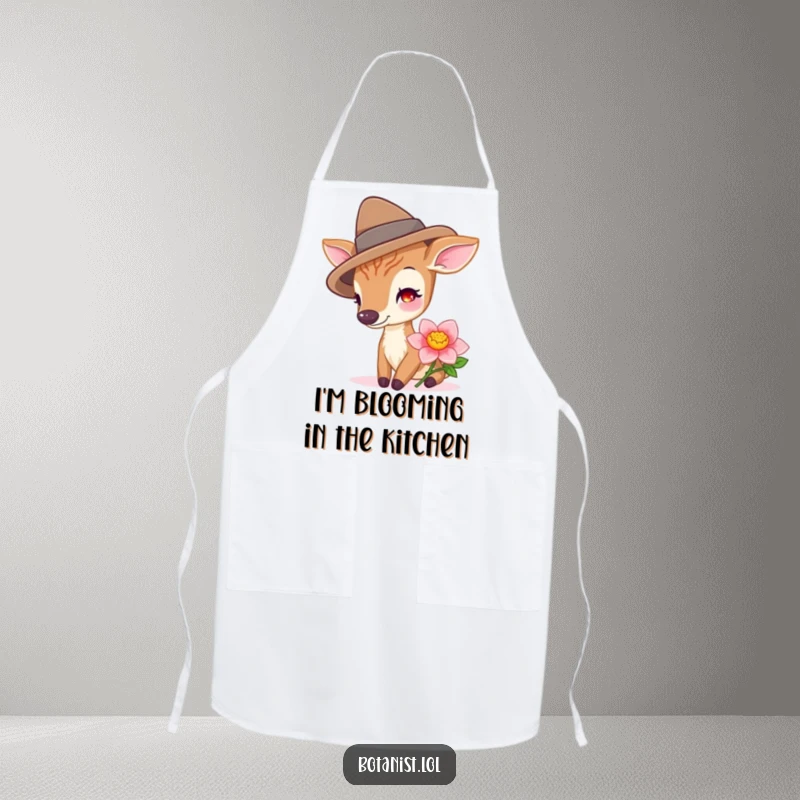 Funny deer wearing a hat, enjoying a fragrant bloom, perfect for this whimsical and practical kitchen apron.