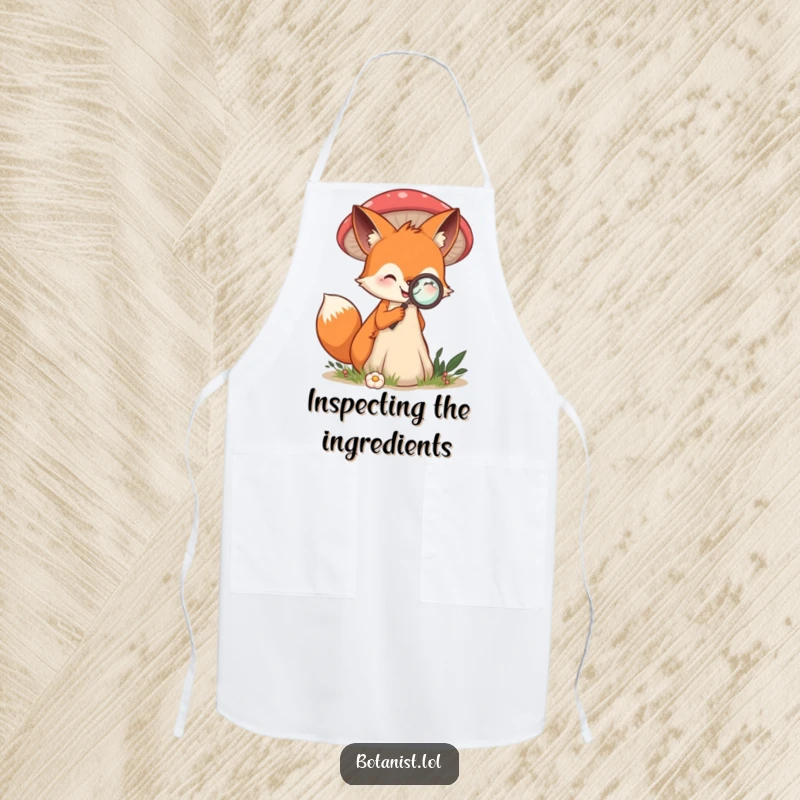 Funny apron with a smiling fox examining a giant mushroom with a magnifying glass, ready for kitchen exploration.