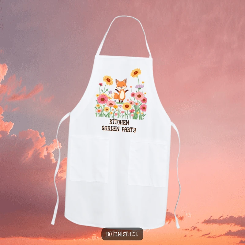 Funny apron illustrating a playful fox dancing happily in a meadow bursting with giant, colorful wildflowers.