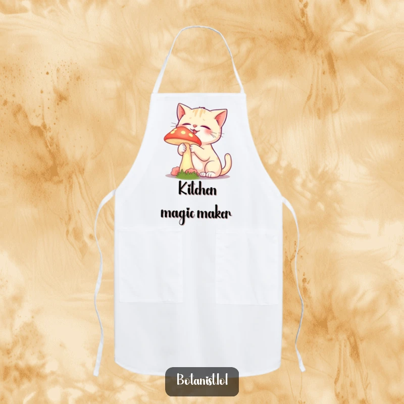 Funny apron showing a giggling cat gently touching a vibrant, glowing mushroom with curiosity.