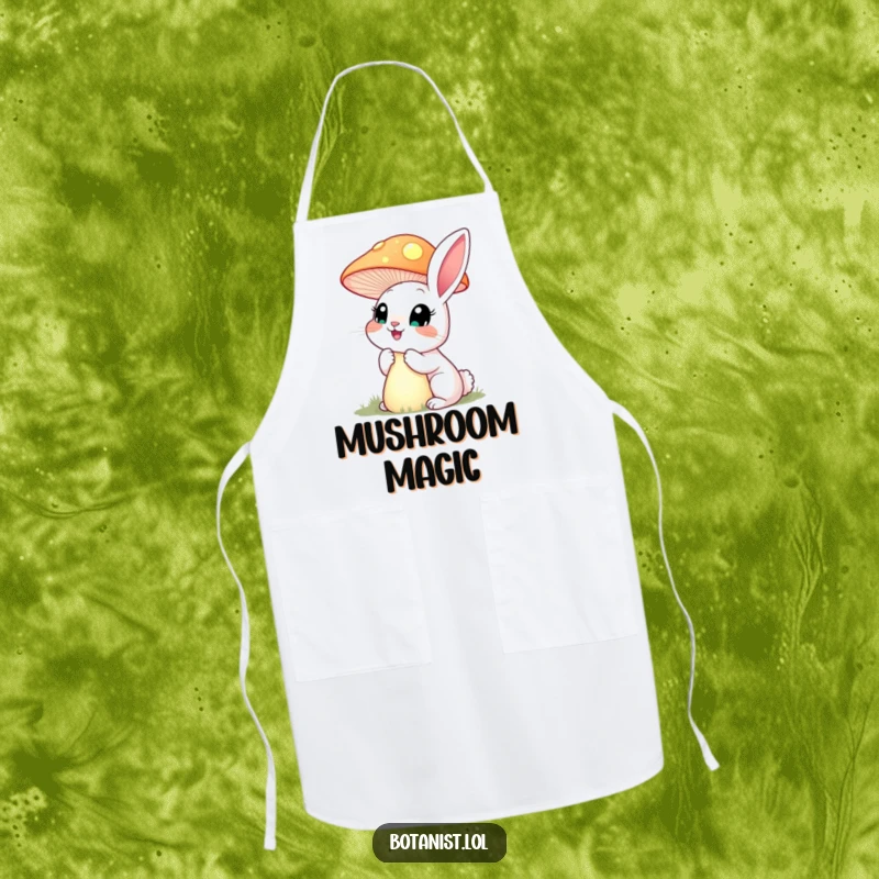 Funny happy rabbit with wide eyes, inspecting a giant, glowing mushroom, featured on a practical and humorous apron.