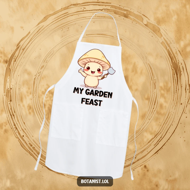 Funny apron graphic of a cheerful mushroom wearing a hat and holding a tiny trowel, ready for culinary adventures.