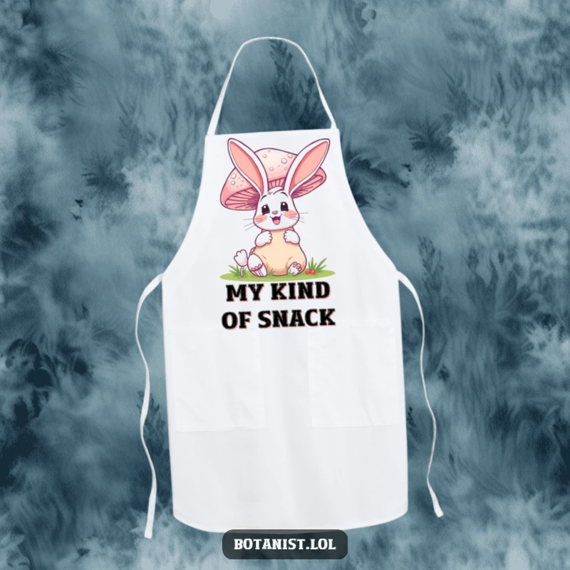 Funny apron featuring a delighted bunny gazing in wonder at an oversized mushroom, perfect for cooking.