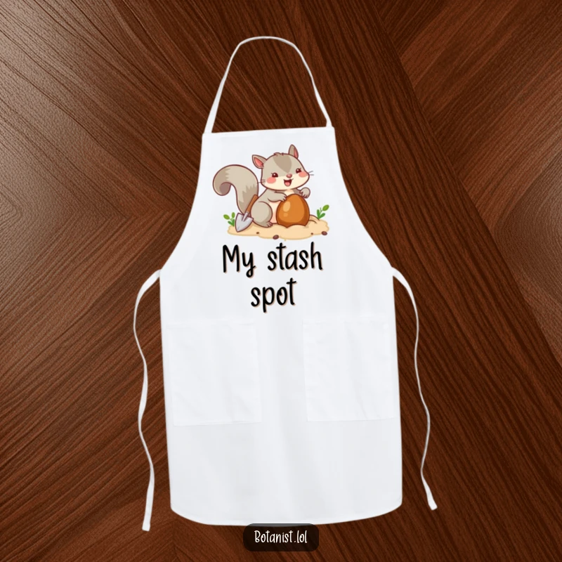Funny squirrel with a tiny shovel burying a nut, a cute and practical apron for kitchen fun.