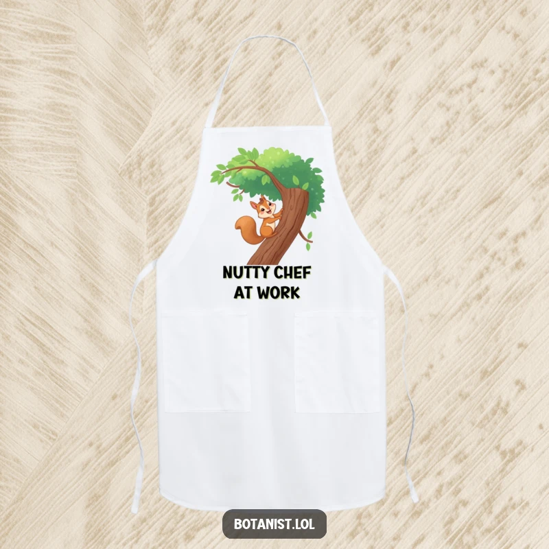 Funny apron showing a giggling squirrel climbing a tall tree, perfect for protecting clothes with a humorous and adventurous theme.
