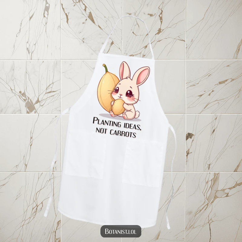 Funny apron: A chef's apron adorned with a curious rabbit observing a huge, magical seed with bright, intrigued eyes. A useful funny gift.