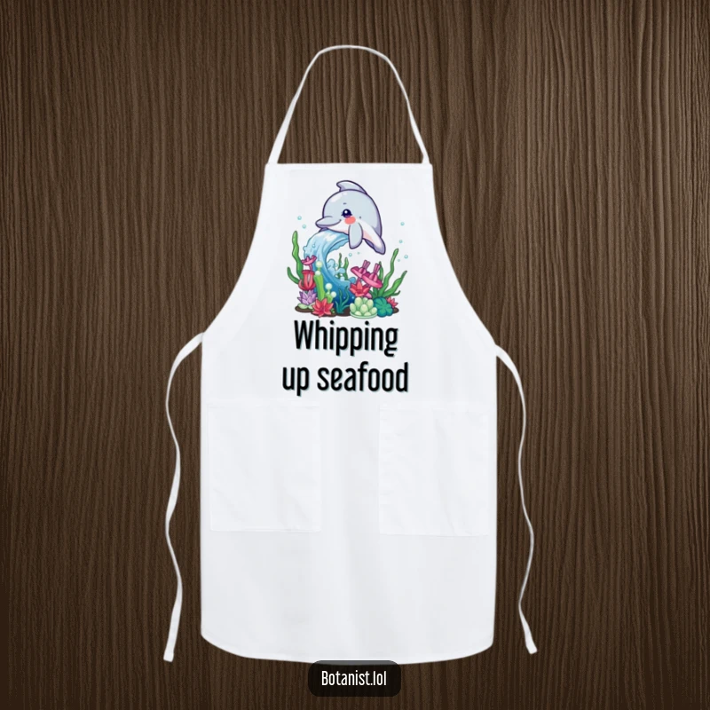 Funny Dolphin Apron showing a playful dolphin splashing water onto a collection of colorful aquatic plants, perfect for kitchen use.