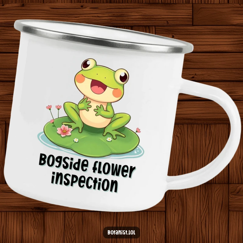 Funny camping mug showing a happy frog on a lily pad, inspecting flowers, embodying outdoor fun and pond humor for adventurers.