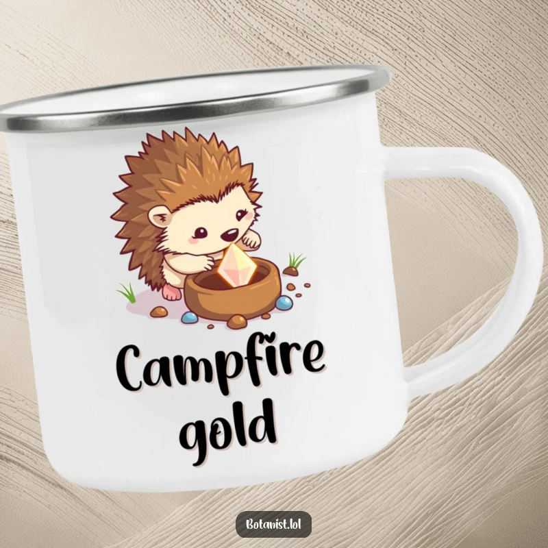 Funny hedgehog camping mug with a determined hedgehog digging and unearthing a sparkling gem, designed for outdoor humor.