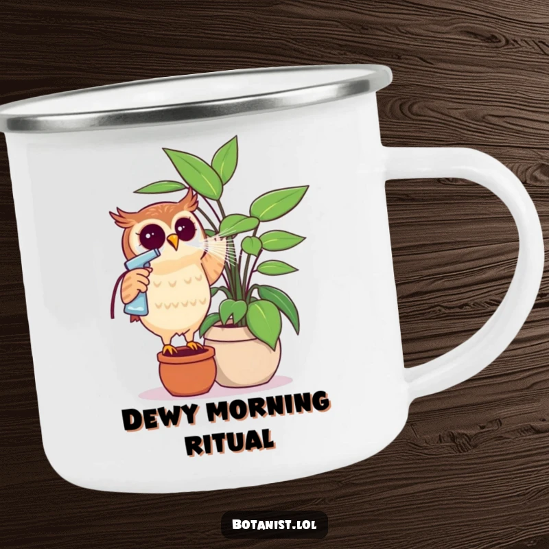Funny owl misting a giant plant, a humorous camping mug for outdoor adventures and plant lovers. Ideal gift.