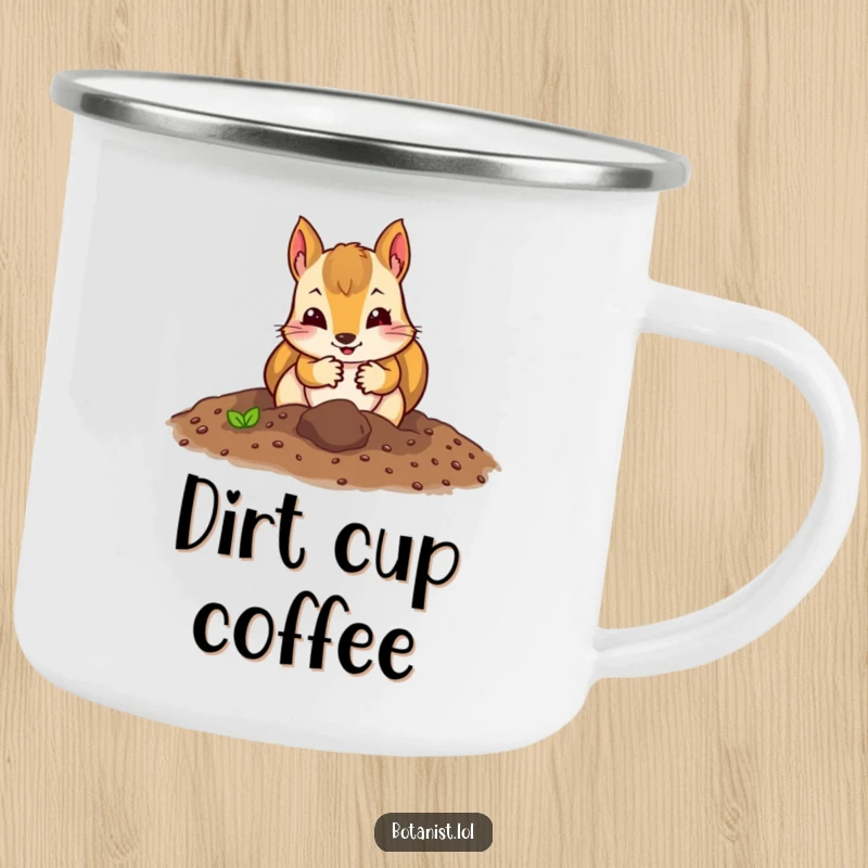 Funny squirrel gardener camping mug with a curious squirrel in gloves digging enthusiastically in soil, great for outdoors.