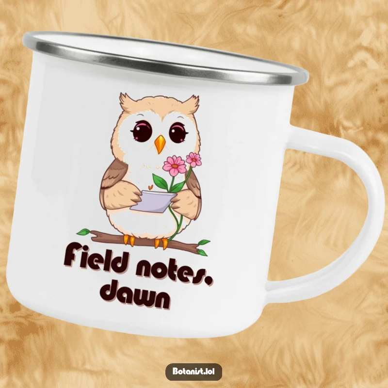 Funny camping mug with a curious owl artist sketching a plant, durable and charming for outdoor enthusiasts who appreciate art.