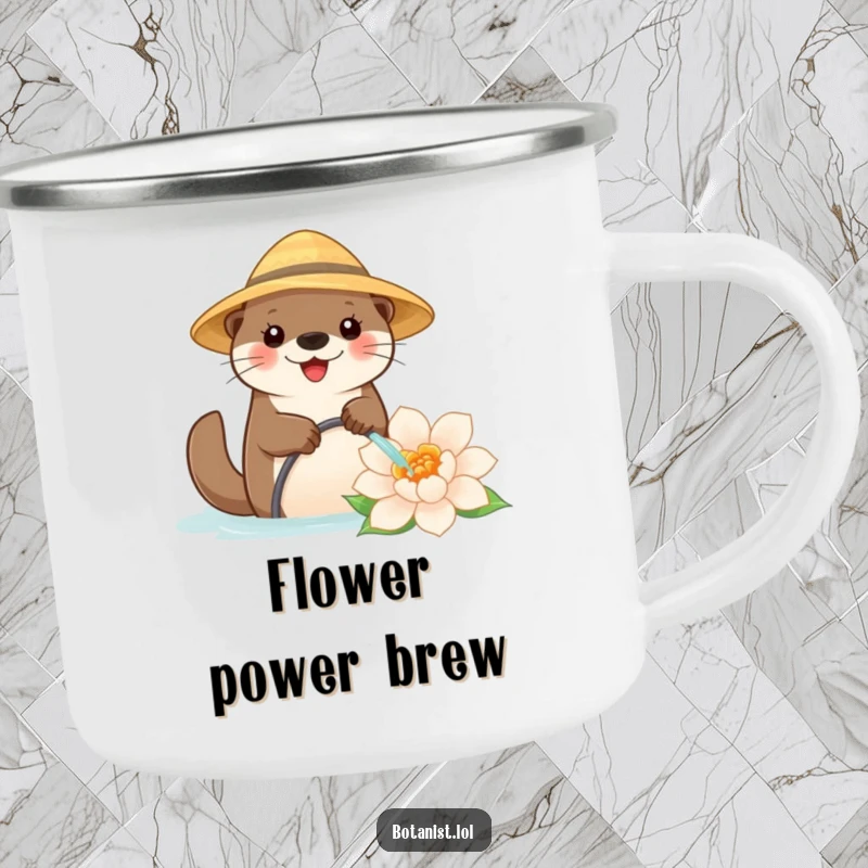 Funny camping mug with a happy otter in a straw hat watering a giant flower, built for adventure and smiles.