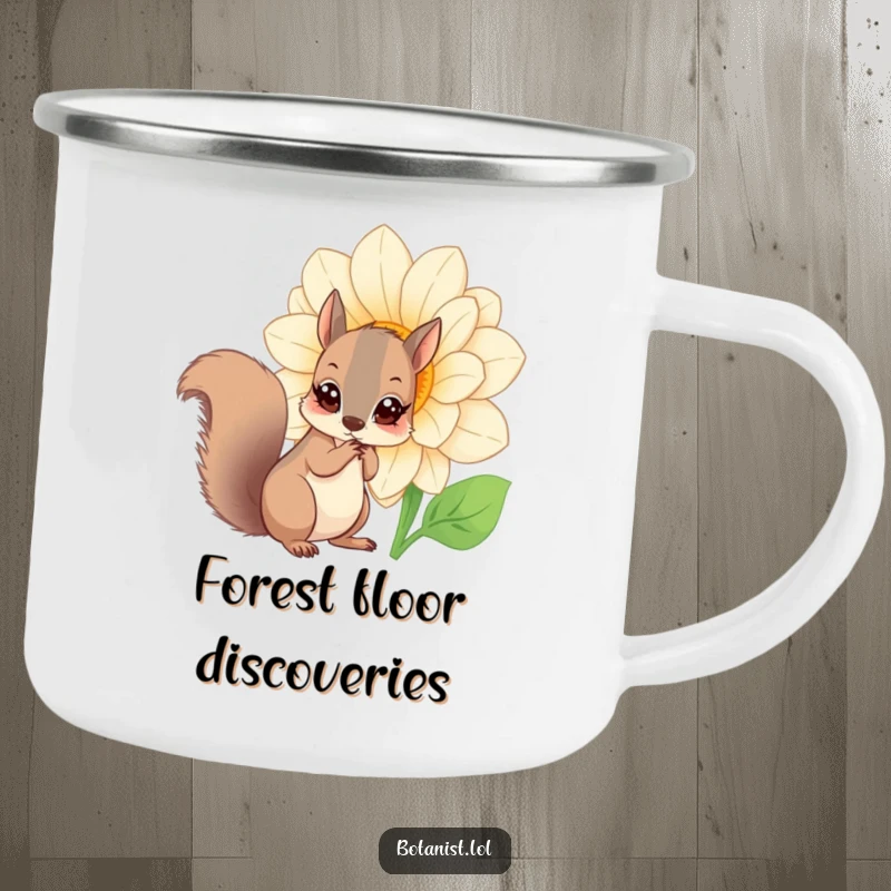 Funny squirrel flower camping mug, a curious squirrel with wide eyes examining a giant blooming flower, for outdoor enjoyment.