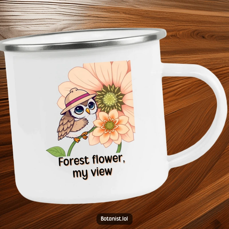 Funny camping mug with a cute owl in a hat examining a large flower, ideal for outdoor use and a humorous gift.