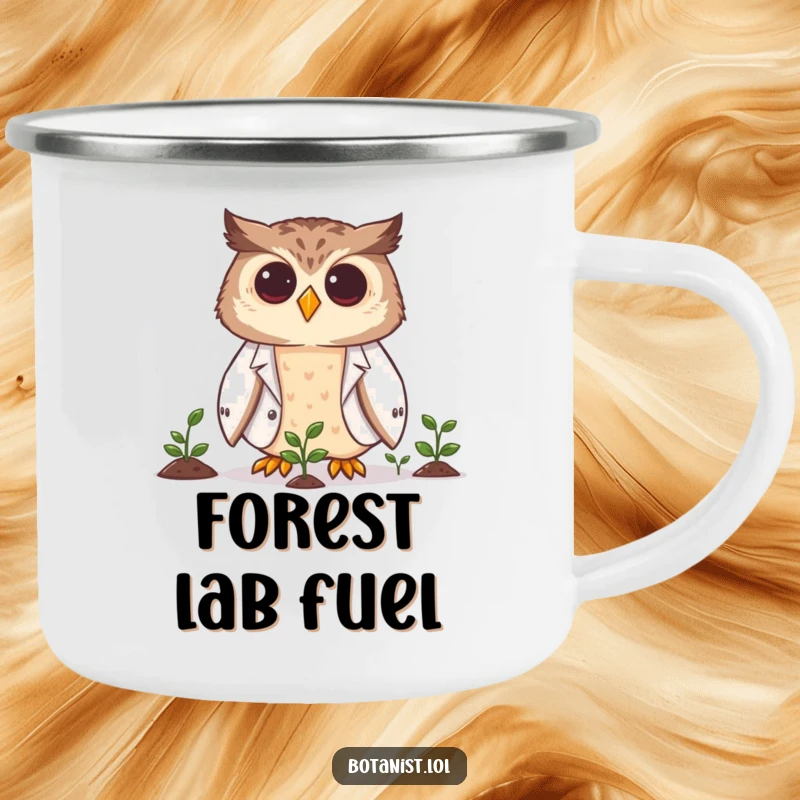 Funny owl scientist camping mug with a smiling owl in a lab coat observing tiny growing plants, great for outdoors.